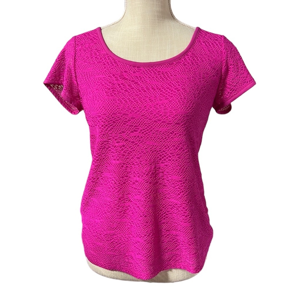 Ann Taylor Short Sleeve Blouse Shirt Lace Pink Purple Womens Size S